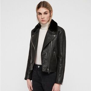 AllSaints Pataya Lux Black Leather Biker Jacket with Fur Collar